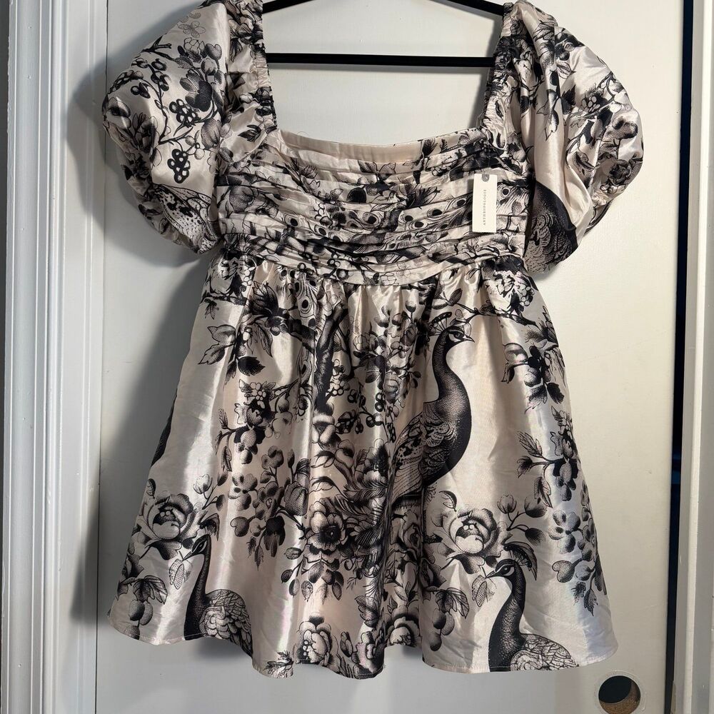 NWT BHLDN Nina Puff-Sleeve Square-Neck Taffeta Mini Dress, M